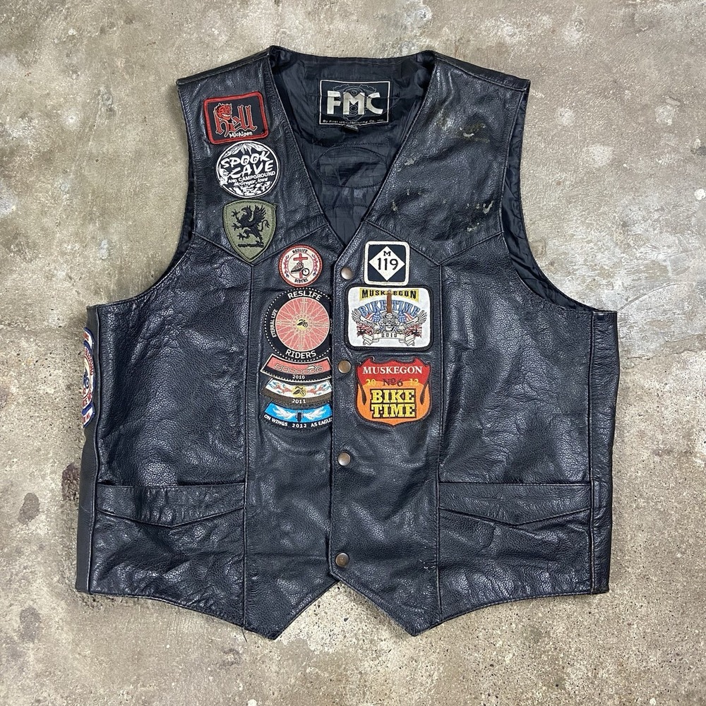 Vintage FMC Leather Motorcycle Vest Size 48 Black Snap Down Biker Patch Work